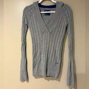 longline grey ribbed y2k american eagle fitted hoodie stretchy V neck sweater
